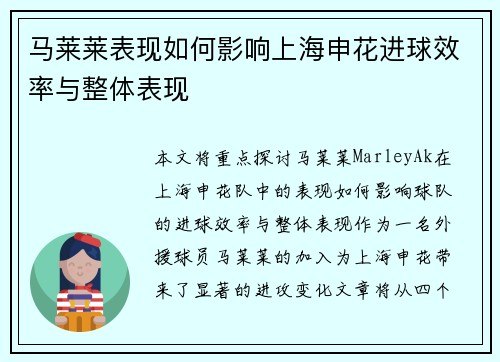 马莱莱表现如何影响上海申花进球效率与整体表现