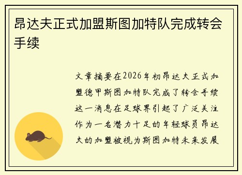 昂达夫正式加盟斯图加特队完成转会手续